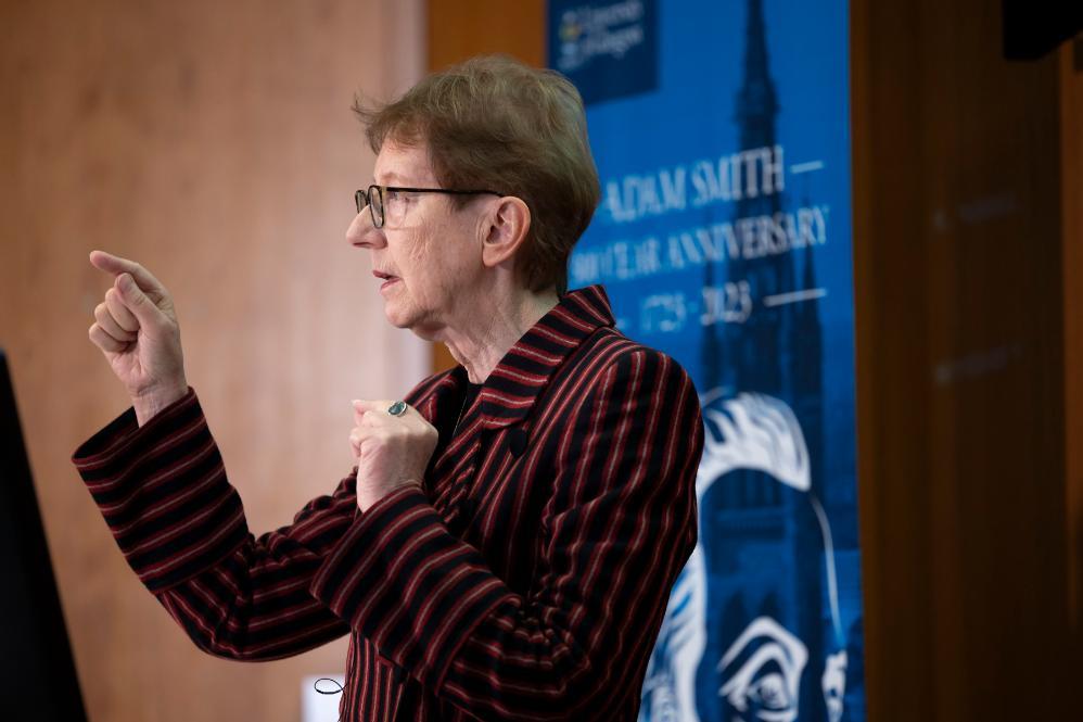 Christel Fricke Pointing during her Hunter Foundation lecture Source: Charlotte Morris