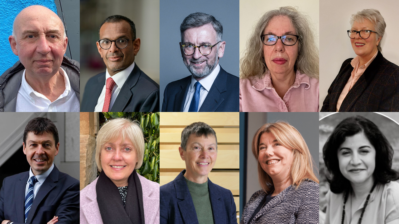 A collage image featuring portrait photos of the ten members of the Advisory Board. Top row L-R: Sir John Elvidge, Professor Anand Menon, Lord Andrew Dunlop, Dr Audrey MacDougall, Joyce White OBE. Bottom row L-R: Ken Macintosh, Linda Hanna MBE, Liz Ditchburn, Theresa Shearer, Zainab Kizilbash Agha 