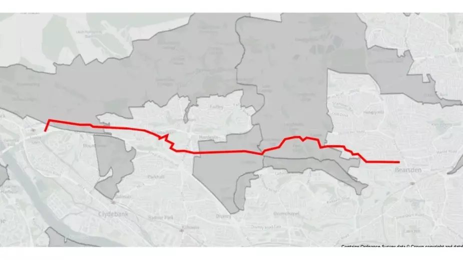 Map showing Antonine Wall walking route from Old Kilpatrick to Bearsden in red