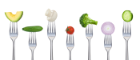 pieces of vegetables (avocado, zucchini, champignon, tomato, broccoli, red onion, cucumber slice) on individual forks