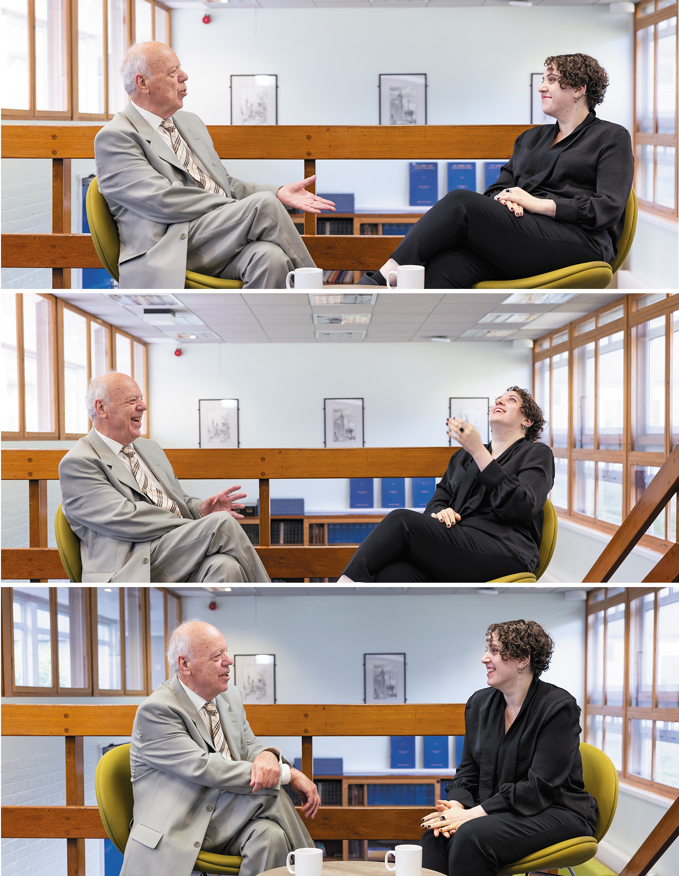 Montage images of Dr Barry Evans (BSc 1968) talking to Reese Kirkpatrick (MLitt 2020)