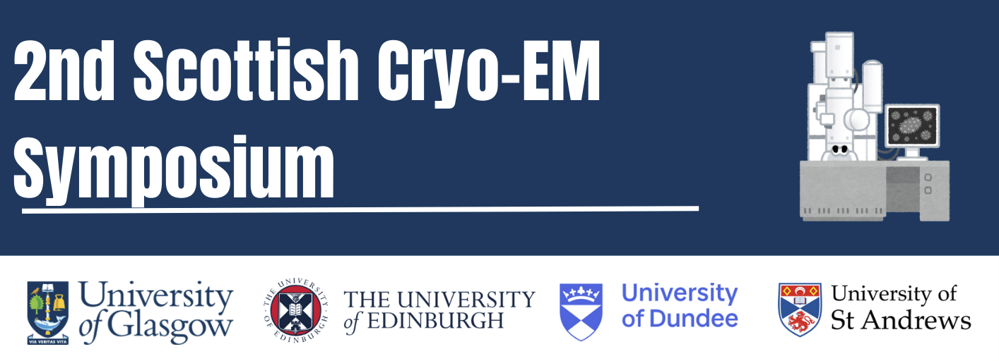 Symposium logo. The text reads Scottish Cryo-EM Symposium along with a vector graphics image of a side-entry electron microscope and the logos for University of Glasgow, University of Edinburgh, University of Dundee and University of St Andrews