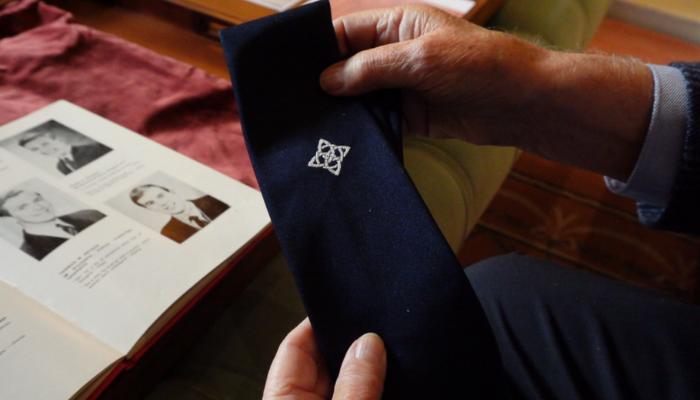 Blue tie with celtic symbol