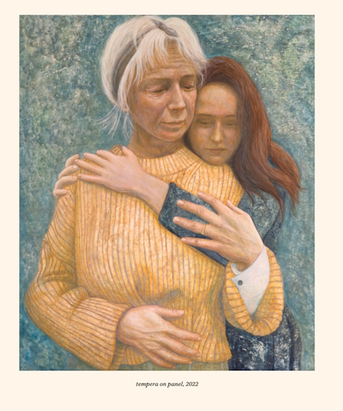 Painting of two women. The younger woman with long brunette hair is embracing the older woman with short white hair from behind with her chin resting on the older woman's shoulder. Both their gazes are pointed downwards.