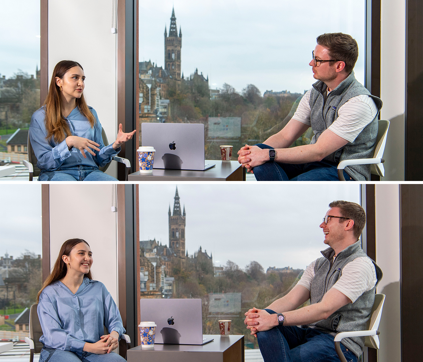 Student Sol and alumnus Euan chatting in a meeting room of the new Adam Smith Business School with a view of the tower behind