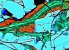 This image is a false colour image of the Lafayette meteorite (sample code: USNM 1505-5) from a scanning electron microscope showing evidence of carbonation, with siderite (orange) replacing olivine (blue). 