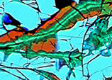 This image is a false colour image of the Lafayette meteorite (sample code: USNM 1505-5) from a scanning electron microscope showing evidence of carbonation, with siderite (orange) replacing olivine (blue).