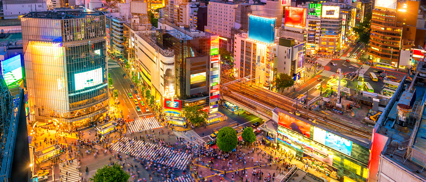 Shibuya Crossing from top view at twilight in Tokyo, Japan