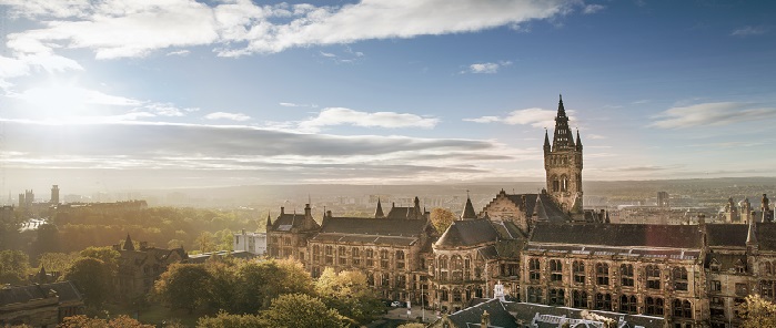 Drone image of Main Building and Tower on a sunny afternoon