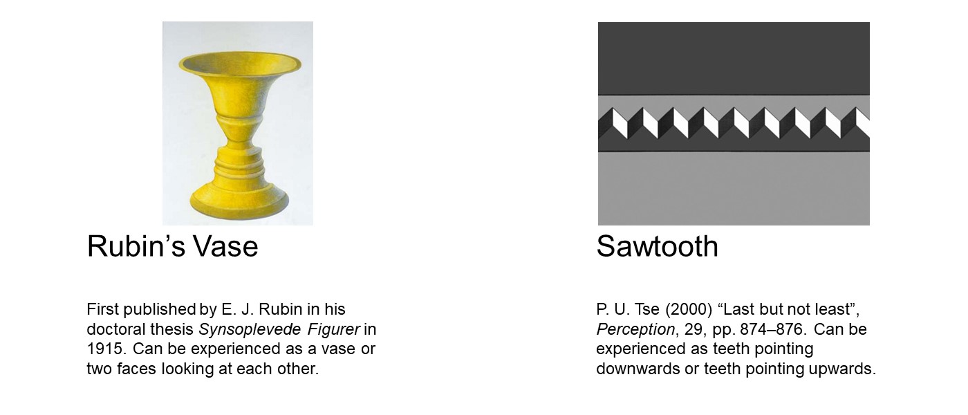 First image: Rubin's vase: a golden vase with multiple tiers, the outside contours of which delineate two human face profiles facing each other against the background. Second image: Sawtooth: zigzagging lines and surfaces (at 90 degrees) in white, black and grey creating a light-and-dark sawtooth either with its teeth upwards (lit from one side) or downwards (lit from the other side)