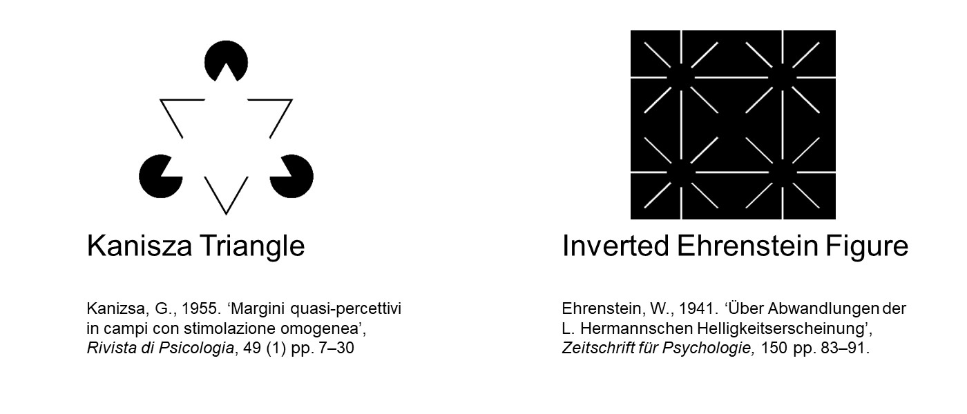 first image: kanisza triangle: 3 black circles missing a third and 3 thin line Vs oriented in such way that they create an illusion on three layers, with a top triangle pointing up, bottom triangle pointing down, and 3 black circles under the corners of the topmost triangle. Second image: Inverted Ehrenstein figure: a black square with incomplete white diagonals, creating the illusion of 5 circles