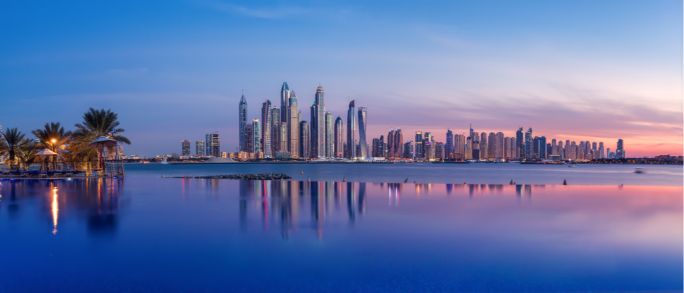 Panorama of Dubai Marina at sunset