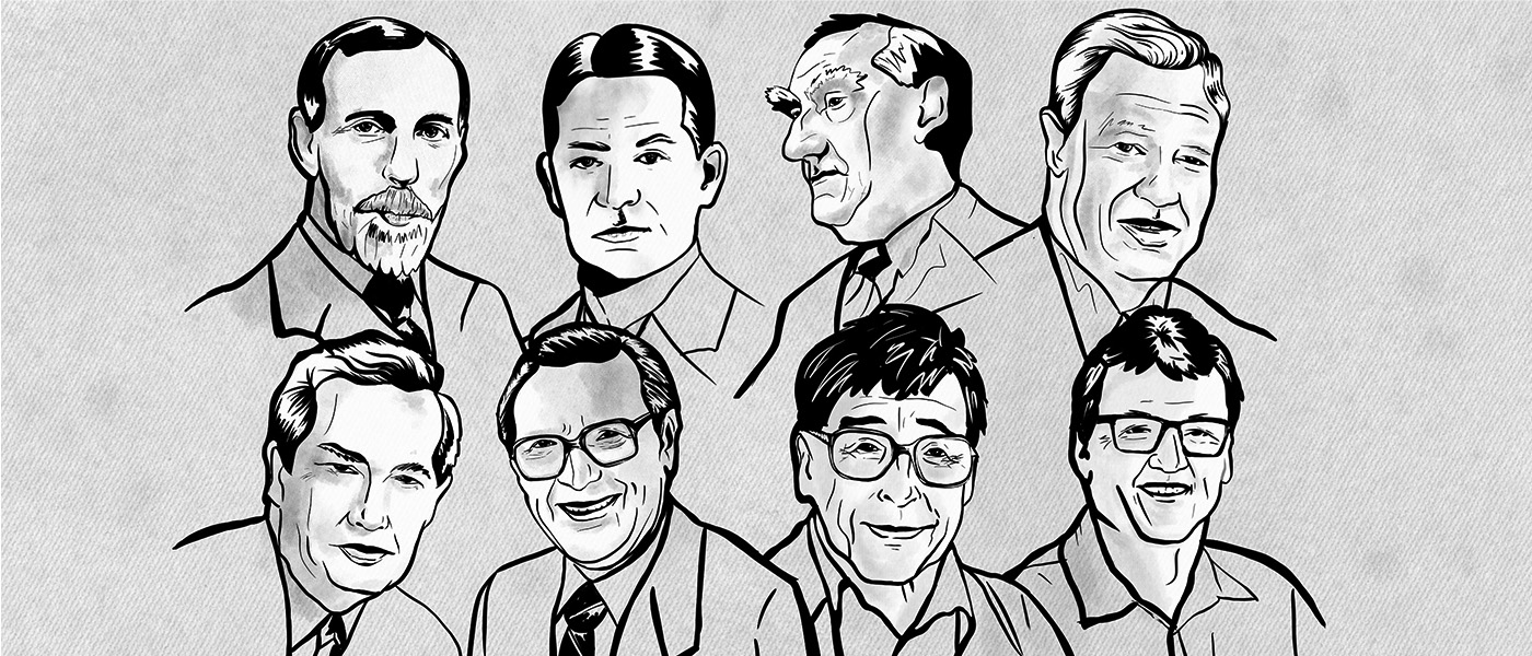 Drawing of all Nobel Laureats from University of Glasgow [Top row: left to right, William Ramsay, Frederick Soddy, John Boyd Orr, Alexander Todd. Bottom row: left to right, Derek Barton, James Black, Robert Edwards, David MacMillan.]