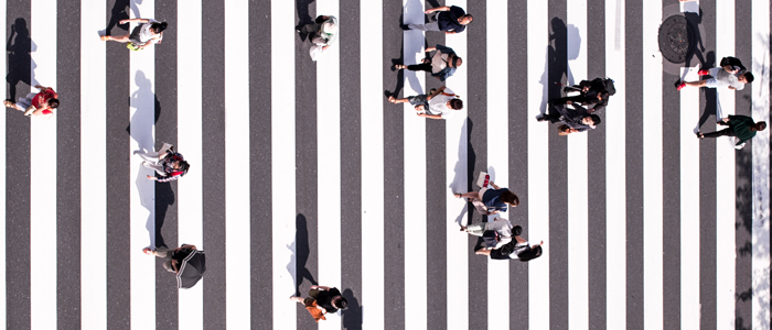 An aerial image of people on a zebra crossing