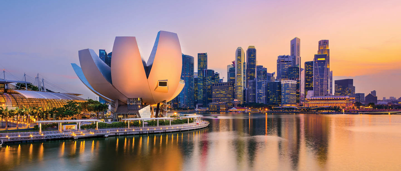 View of the lotus building in front of the Singapore skyline