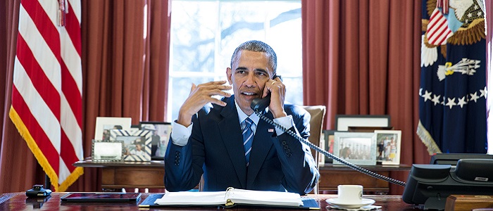 President Barack Obama on the phone at his desk in the Oval Office in the White House. Source: Pete Souza, Obama White House Archive on Flickr https://www.flickr.com/photos/obamawhitehouse/24824526593/