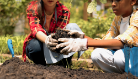 Two young children kneel in the earth wearing gardening gloves., They are planting a small tree.