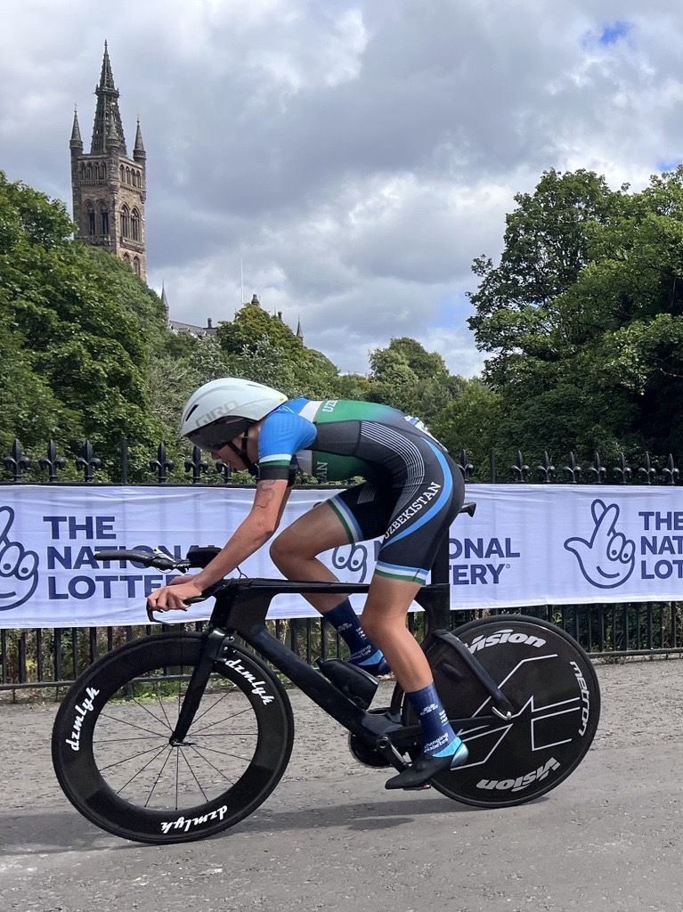 Uzbekistan rider travels past our iconic tower in the UCI mixed time trials