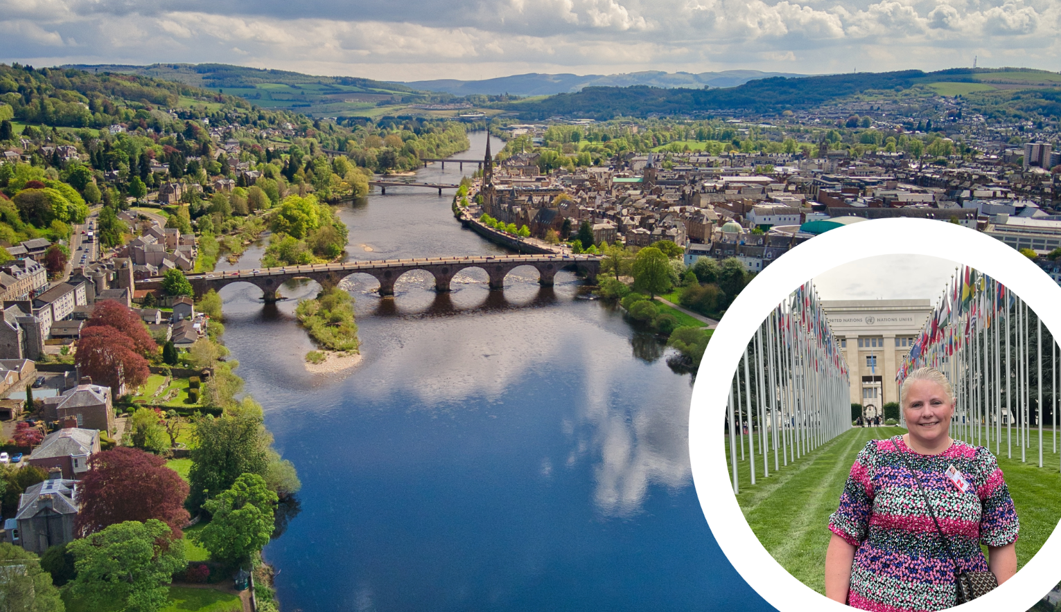 Image of Michelle overlaid on a background featuring an aerial photograph of a Scottish river and town.